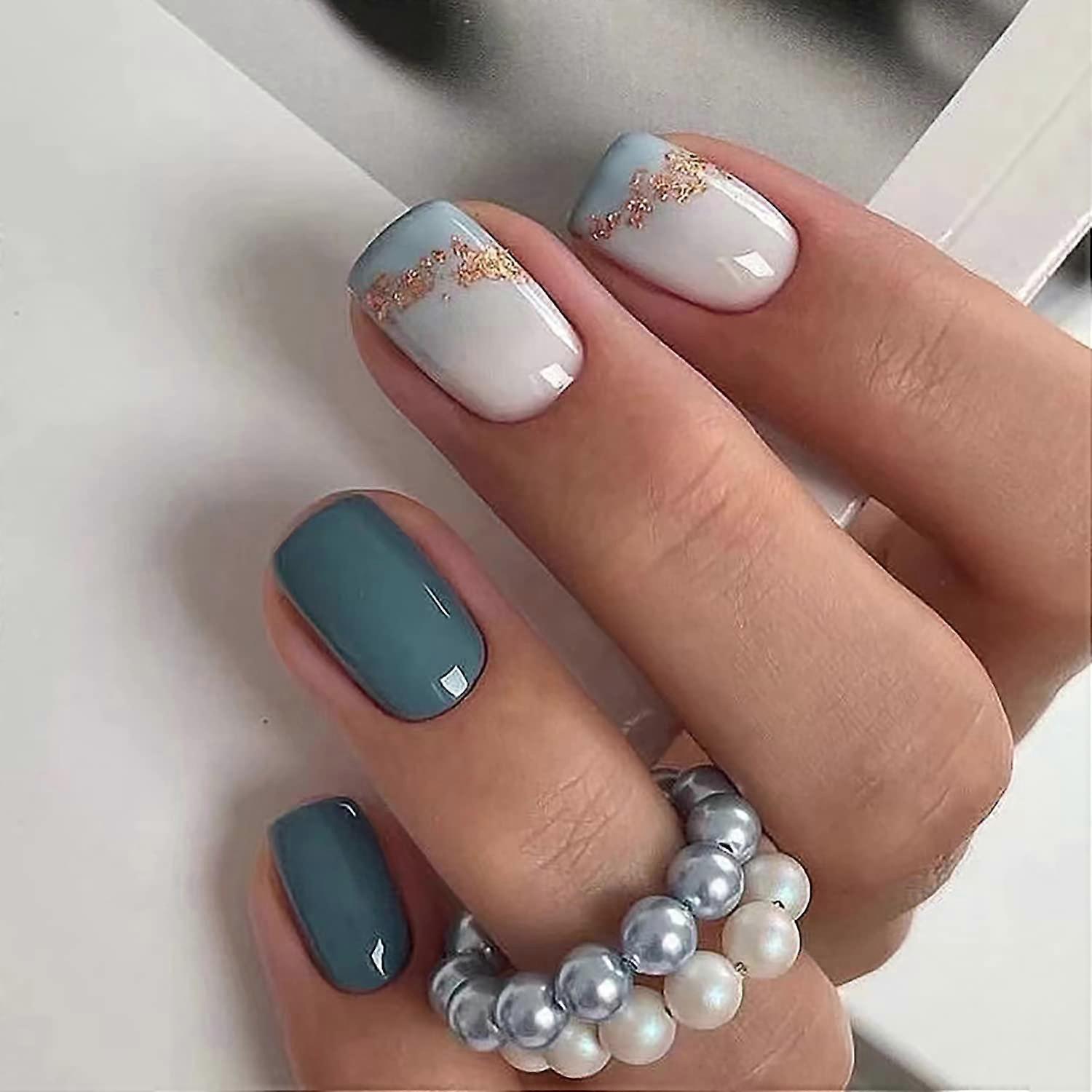 Short Press on Nails with Marble Design, Sea Blue False Nail Set, Reusable ReadytoUse Kit