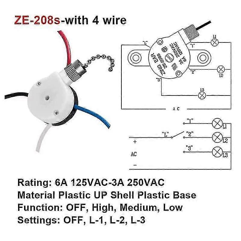 3pcs Ceiling Fan Switch Ear Ze-208s E89885 3 Speed 4 Wire Pull Chain Switch Fan Light Switch Replac