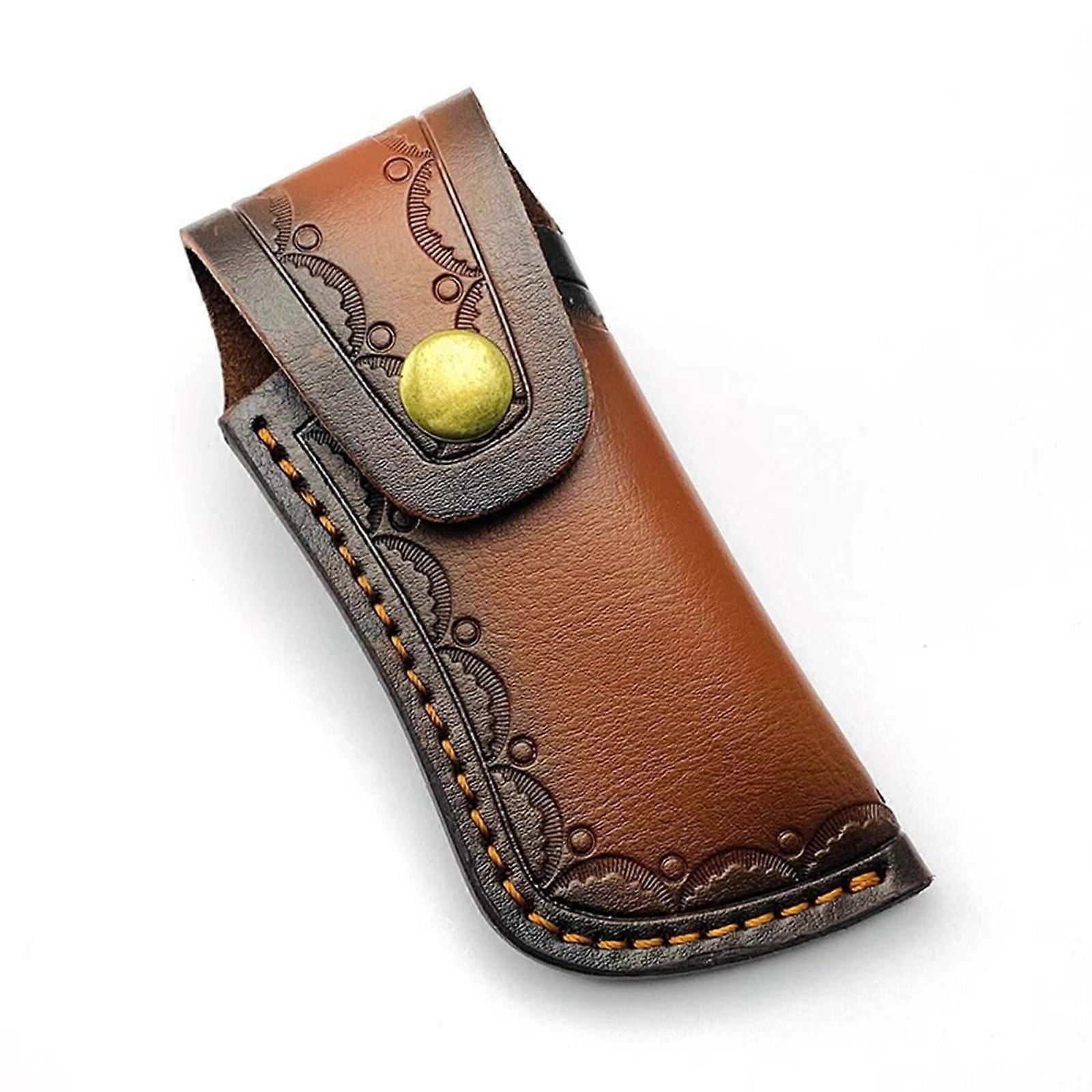Leather Folding Knife Sheath with Belt Loop, Brown Leather EDC Holster with Secure Snap Closure 4.33'