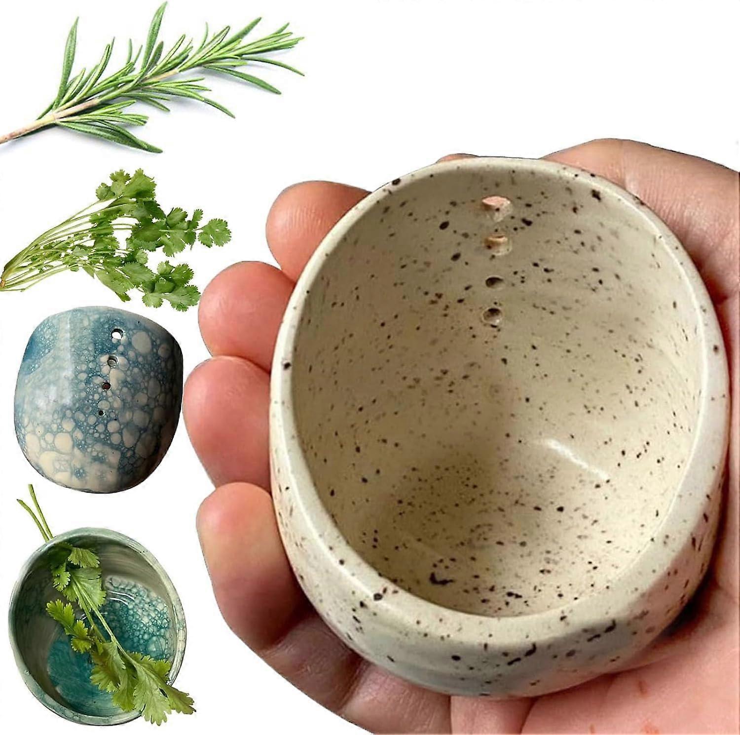 Herb Stripper Bowl with Ergonomic Handle, White Pottery 4Hole Leaf Remover for MultiPurpose Use