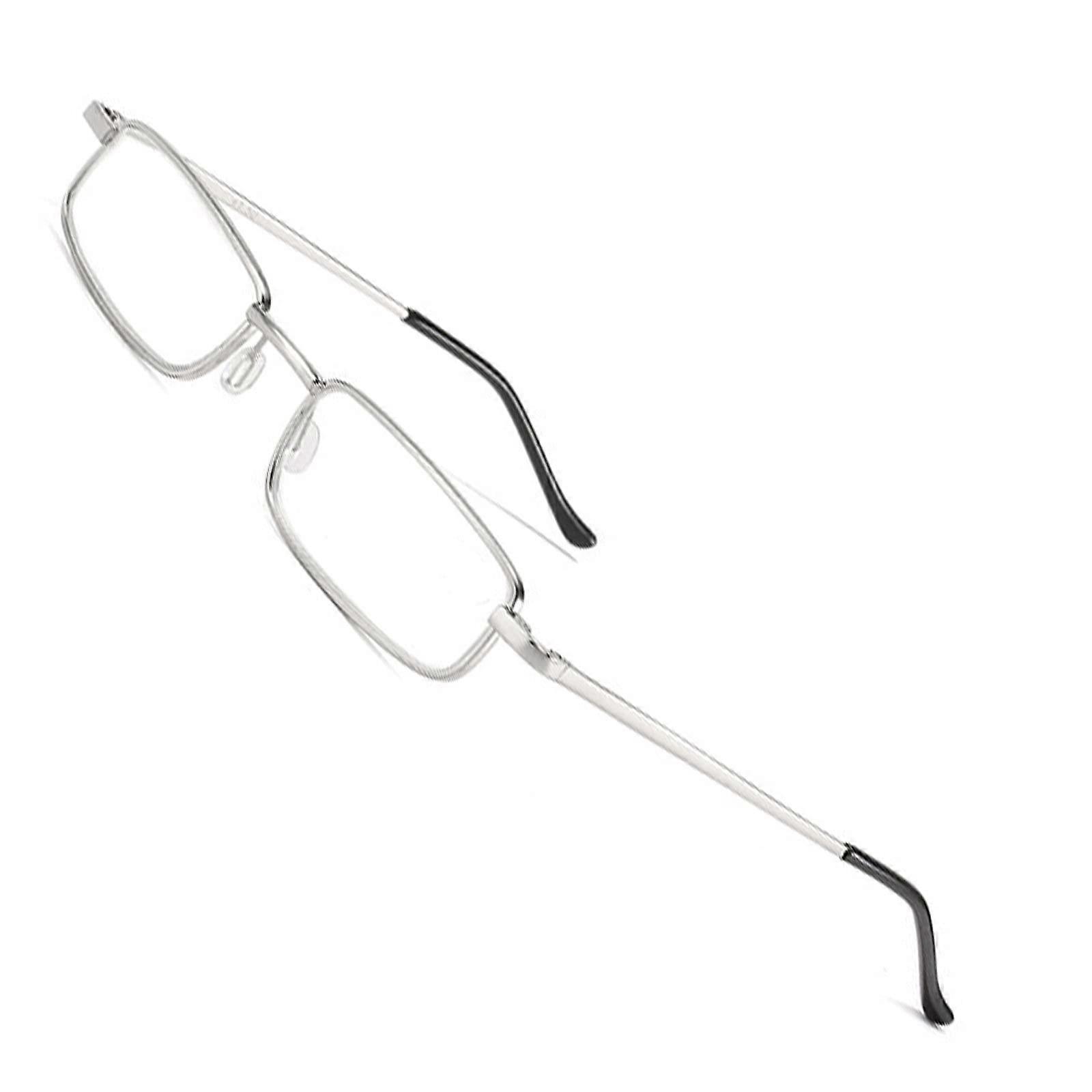 Slim Metal Frame Reading Glasses +250 for Clear Closeup Vision, Flat Rectangular Silver Pocket Readers