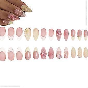 24PCS Glossy Pink Blush Almond Press on False Nails Flower 3D Butterfly-