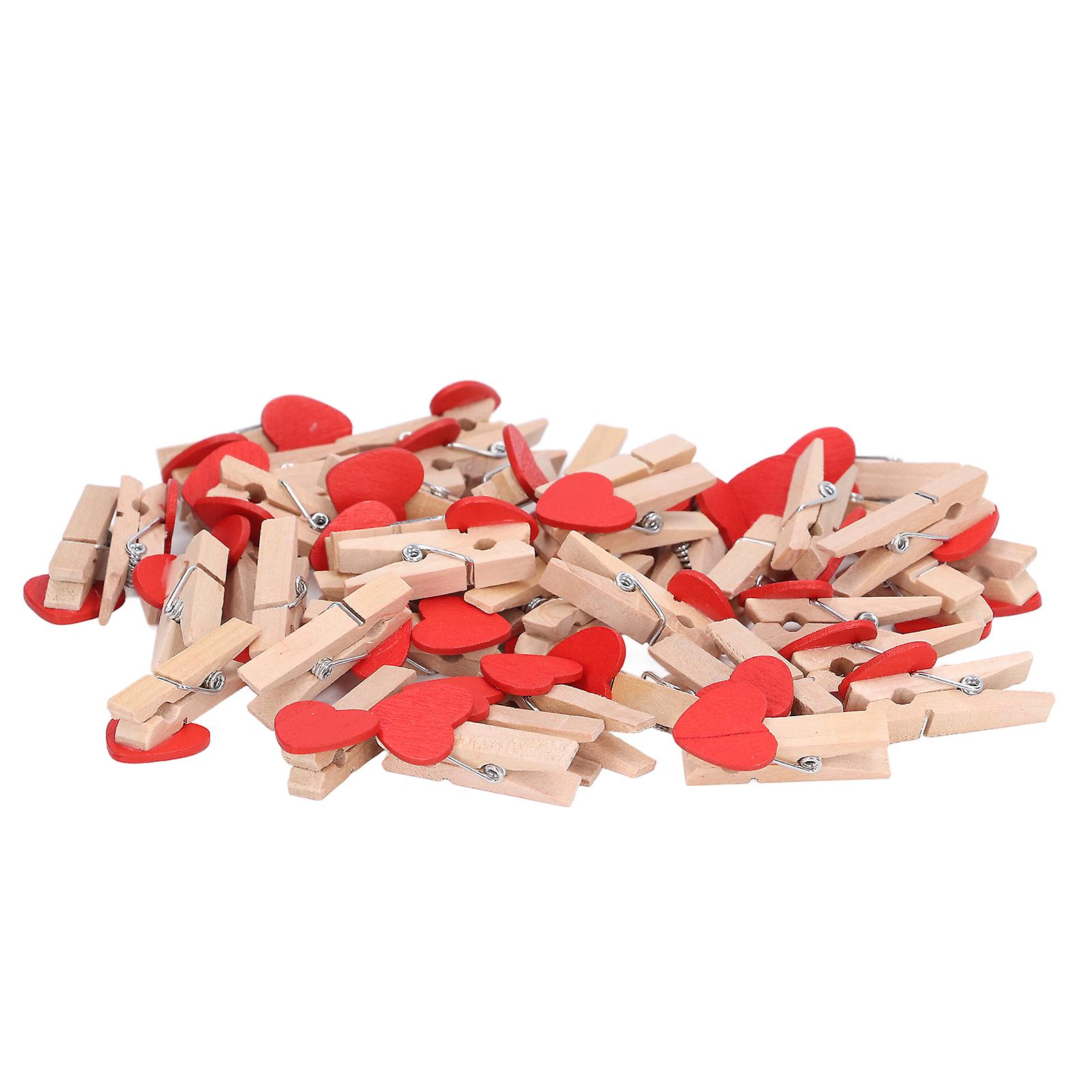 50pcs Wooden Clips Log Material Red Heart Design DIY Making Decorative Pins for Party Props