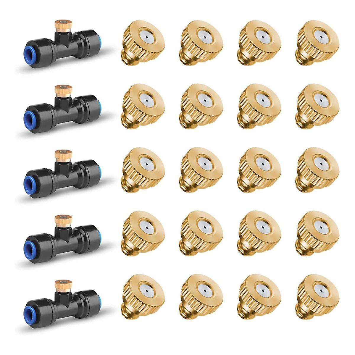 Paquet de 20 buses de brumisation en laiton et 5 tés de buse de brumisation pour système de refroidissement extérieur, buse de brumisation pour 1/4 de pouce