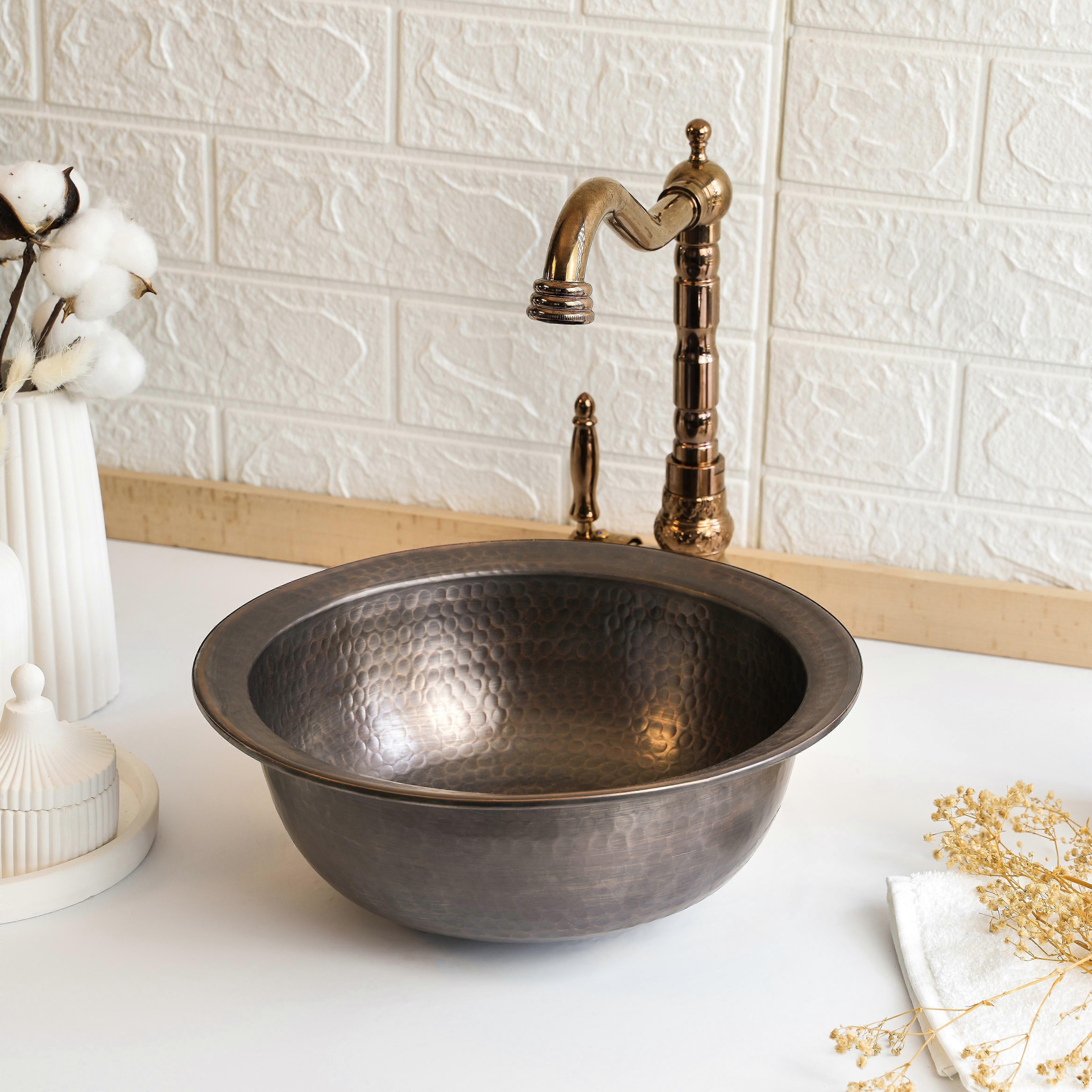Round Dark Copper Drop-in Sink | Handmade Farmhouse Copper Undermount / Drop-in Sink