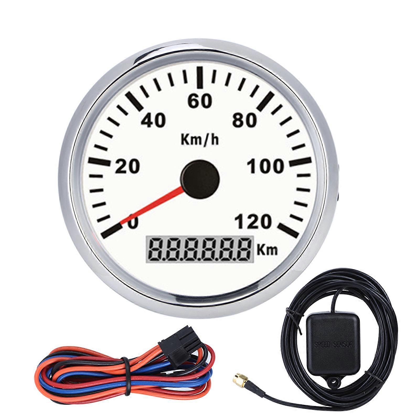 85mm / 3.3in 通用 GPS 车速表防水防雾表 0~120km h 适用于汽车卡车船电机(银色框架白色表盘) NO.78655