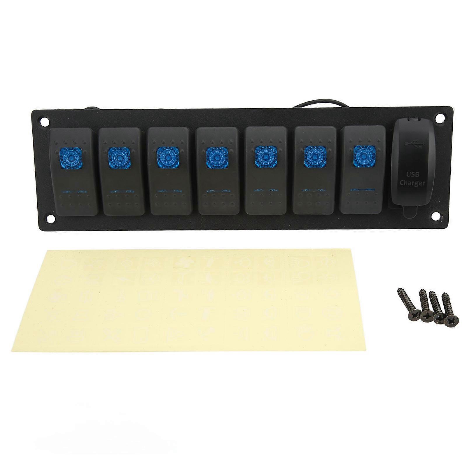 7 Gang Rocker Switch Panel IP66 Waterproof Marine Toggle Switch Panel With Dual USB Charger Blue Backlit E2U011