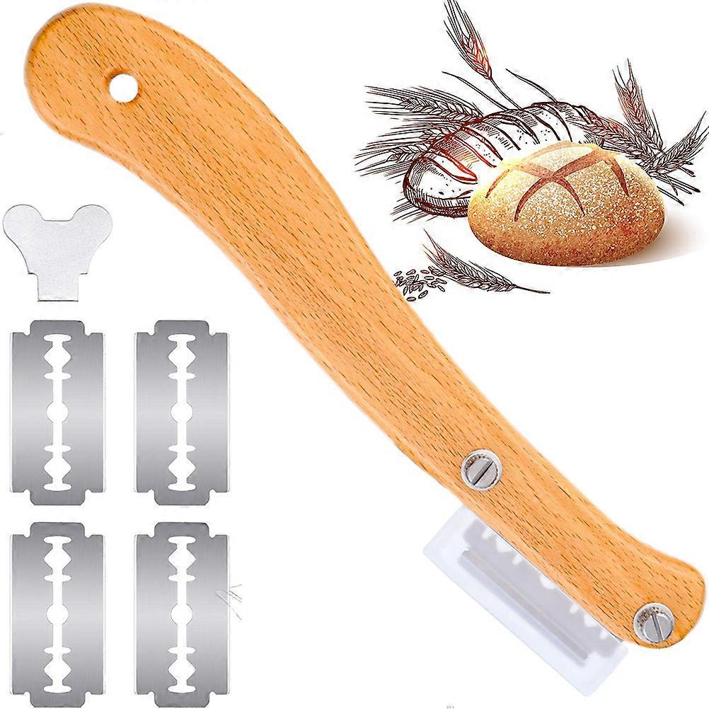 Breadleg bread cutting tool with wooden handle Dough cutter, 5 replaceable blades, bread making accessories