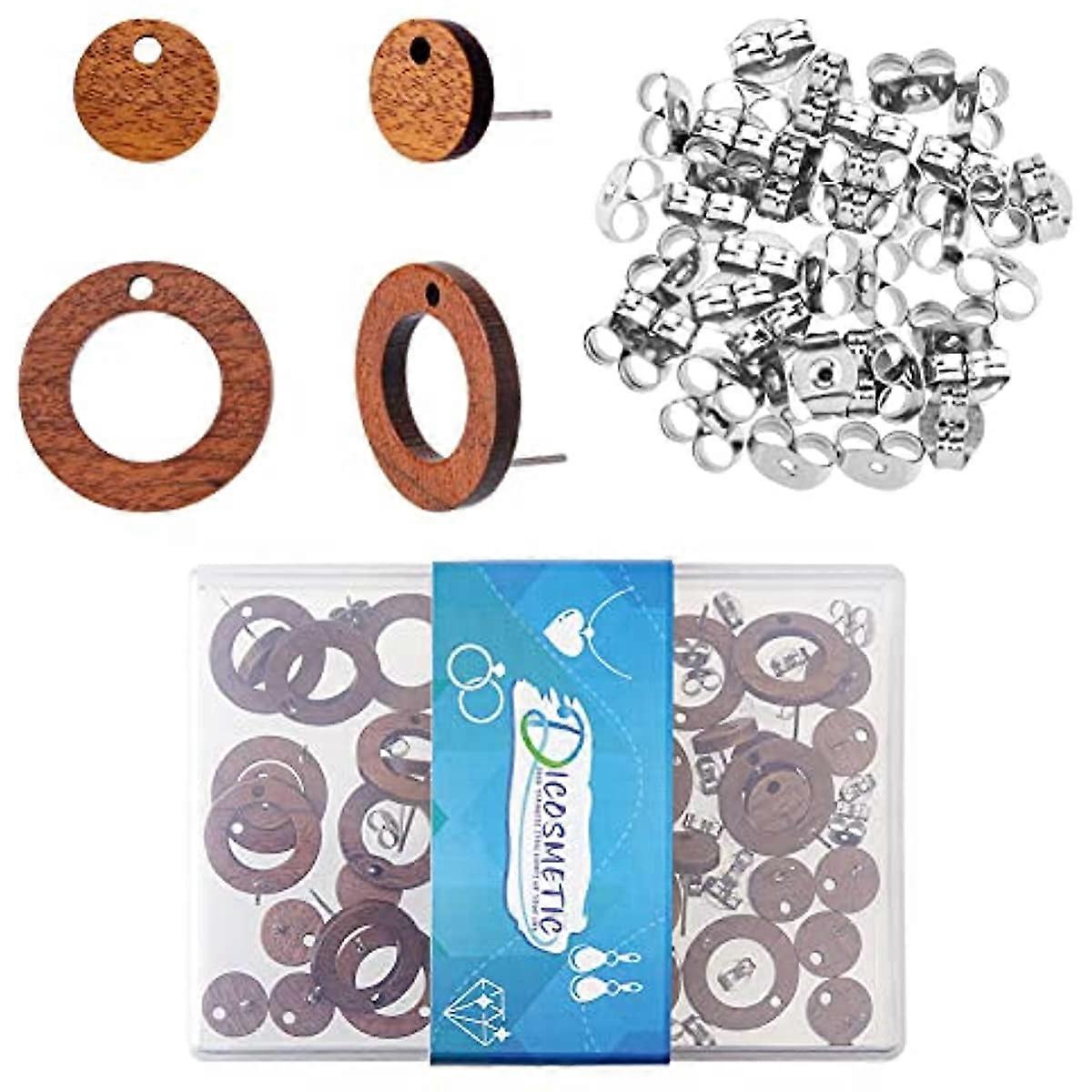 40Pcs 2 Style Walnut Wood Stud Earring Findings Flat Round Wood Stud Earrings Set Natural Tan Earring Pin Studs with Loop and Stainless Steel Ear Nut 