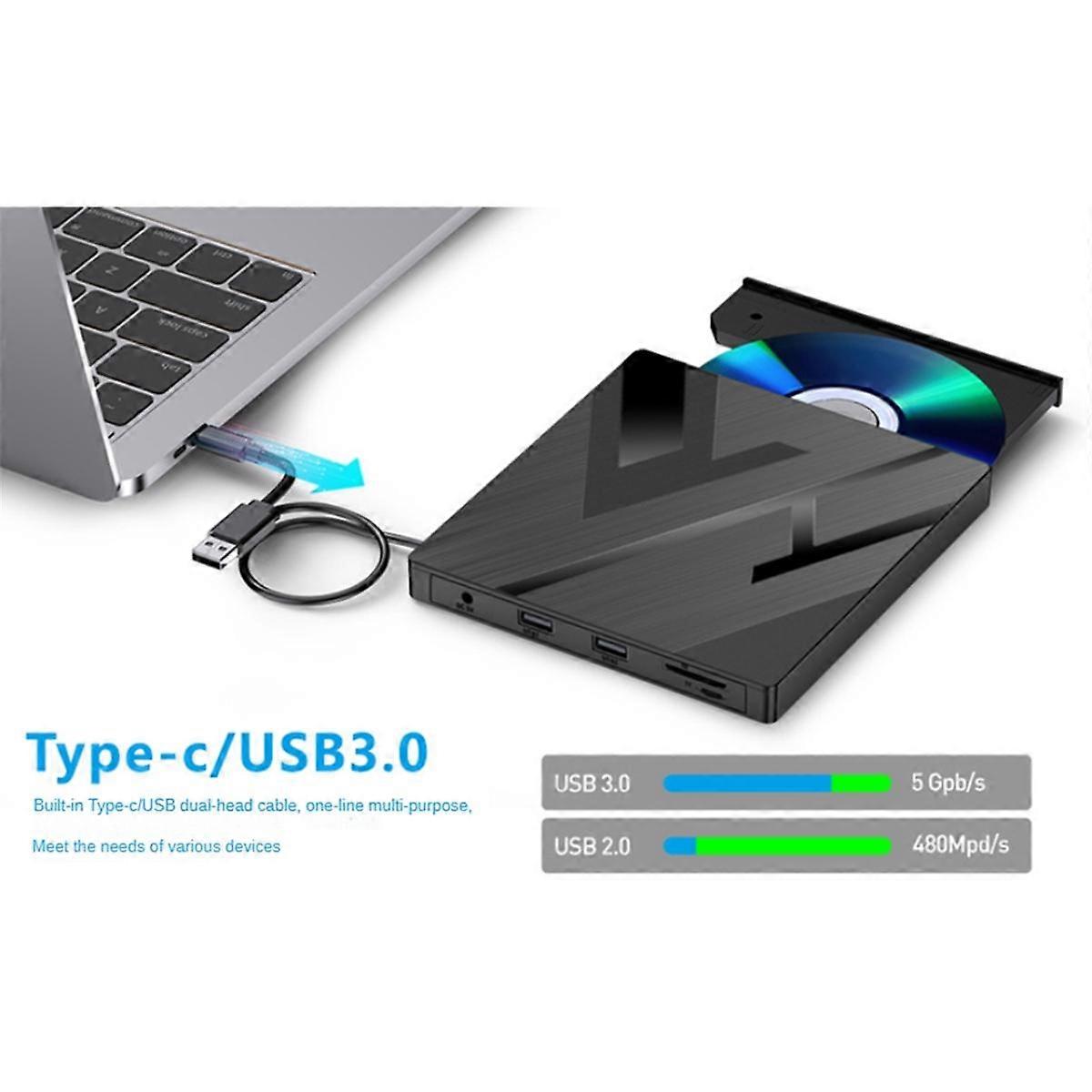 5-In-1 External CD/DVD Drive USB 3.0 Type-C CD/DVD +/-RW Burner Writer Player with SD/TF Card Slots