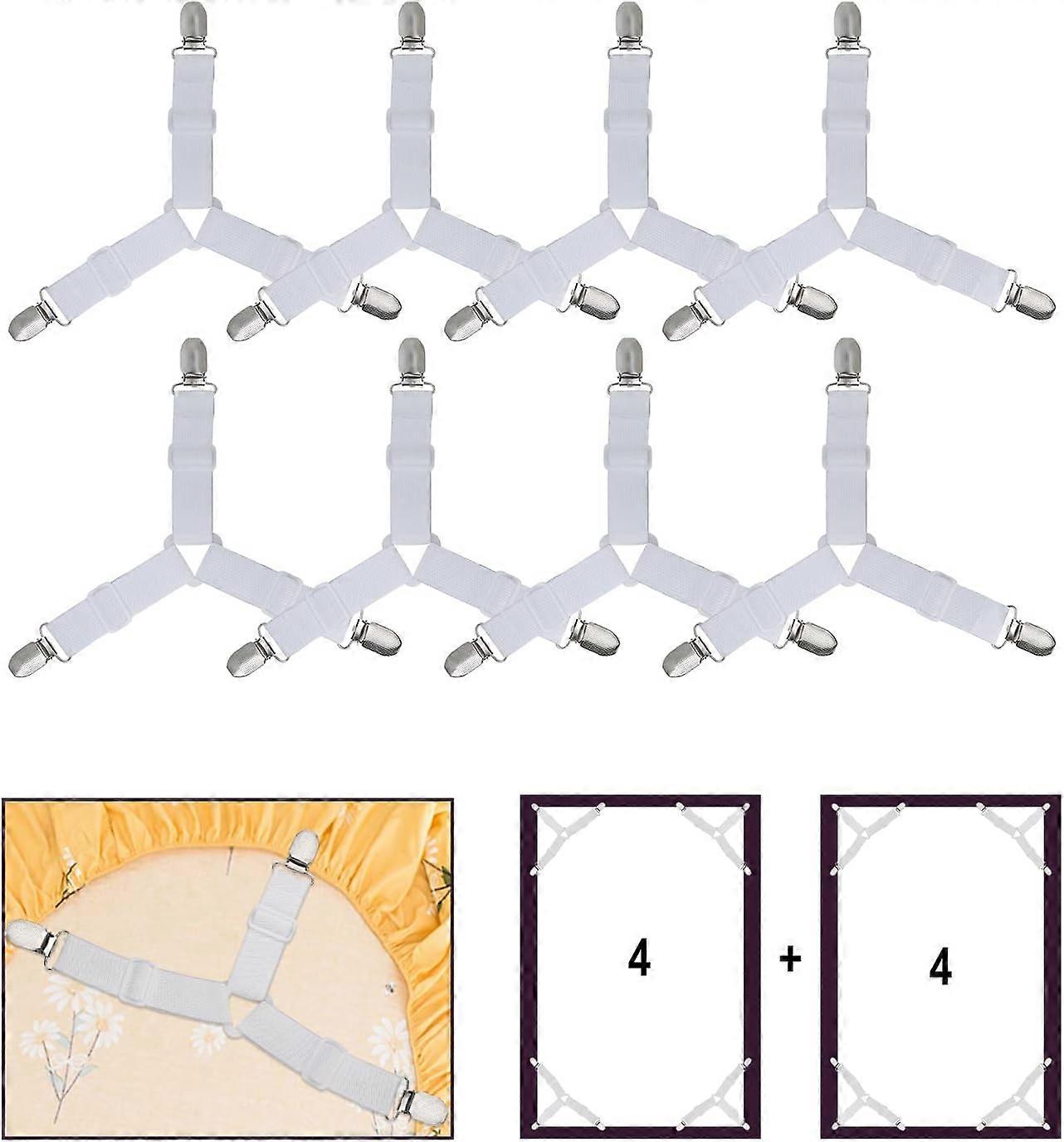 Bianco 8 pezzi Clip per lenzuola, cinghie di supporto triangolari elastiche regolabili per lenzuola con angoli e lenzuola piane, materasso, cuscino per divano, tablecl