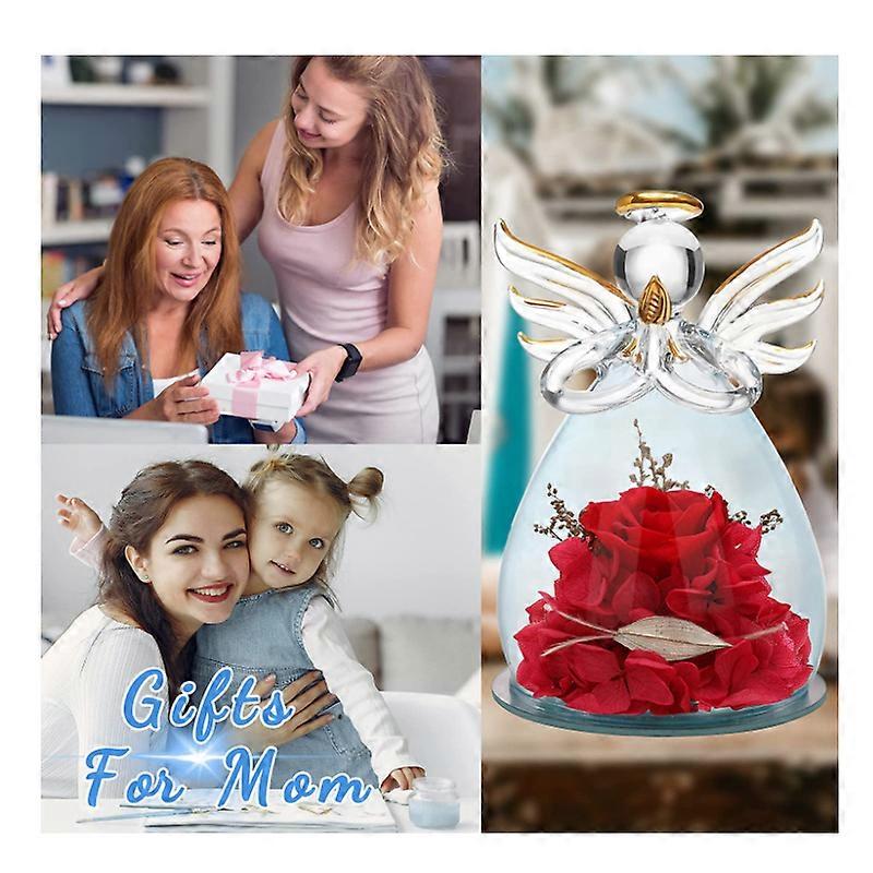 Rosa Conservata In Statuetta Angelo In Vetro | Regalo Per La Festa Della Mamma O Per Un Ricordo | Fiore Eterno Con Angelo Custode