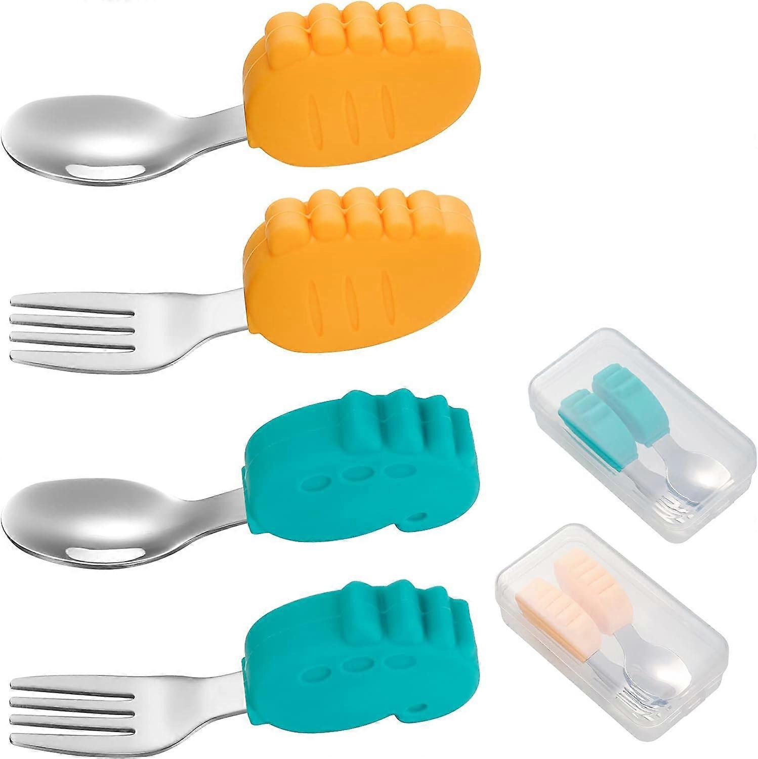 Baby Fork And Spoon, Baby Cutlery Feeding Set Toddler Utensils Spoons Forks Tableware Set With Carry Case (2 SetsYellowGreen)