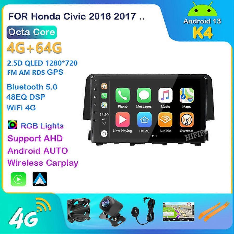 For HONDA CIVIC 2016 2017 2018 2019 9 Inch 2 Din Android 13 Car Radio Stereo WIFI GPS Navigation Multimedia Player Head Unit