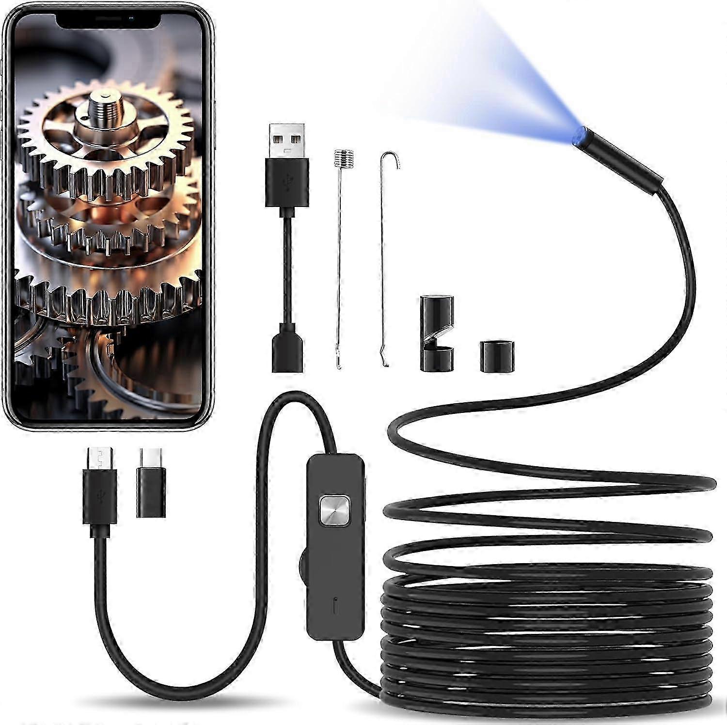 Endoscope Camera with Light, Inspection Camera for 10m Semi-Rigid Cable, 8.0mm Type-C Endoscope and 6 LEDs, USB Endoscope Camera for Android Phone, Ta