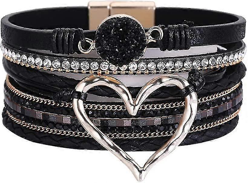 Leather Wrap Bracelet Heart Layered Bracelet Wide Cuff Bangle Boho Bracelets With Magnetic Clasp Black Man Jia