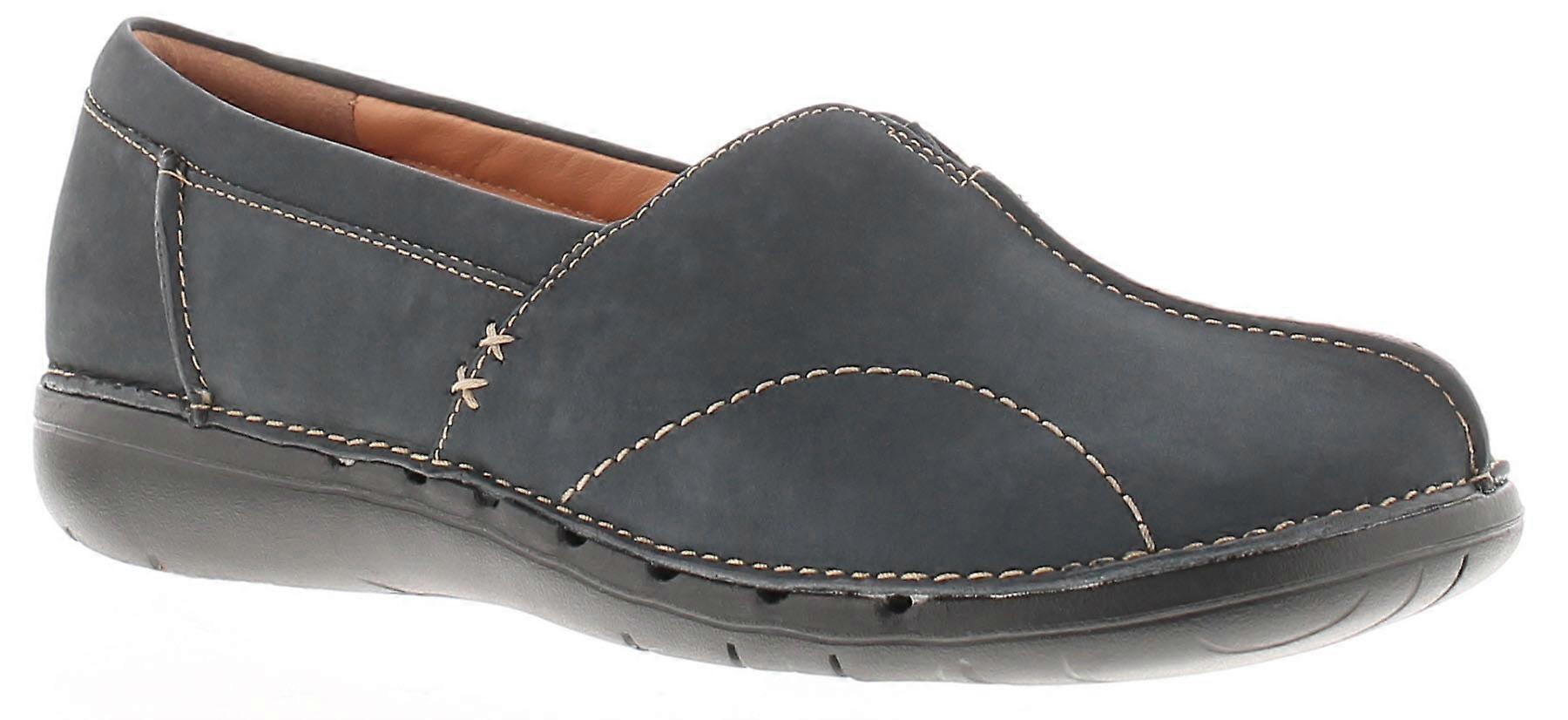Clarks Womens Flat Shoes Unloop Stride Leather Slip On navy