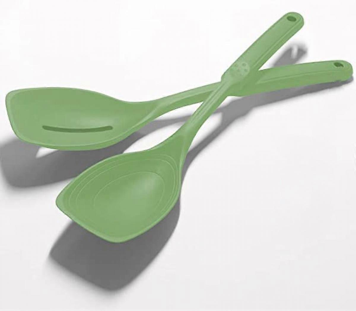 2-Piece Silicone Cooking Spoon, Non Stick Solid Spoon With Deep Pot And Measurement Mark Kitchen Kitchenware -Green