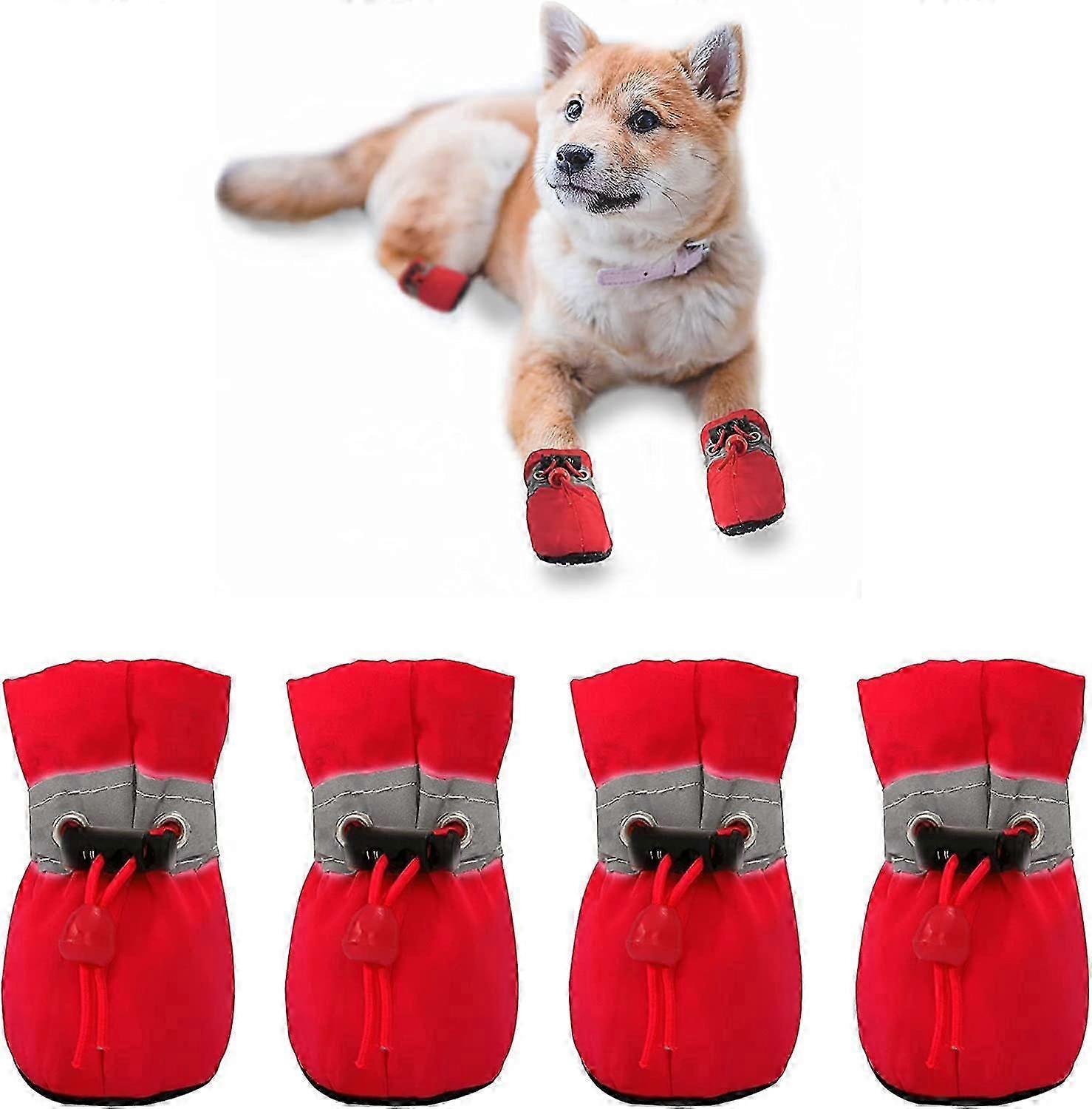 Dog BootPaw Protector, Non-Slip Dog ShoesThese Comfortable Soft Sole Dog Boots Come With Reflective Straps(4, Red)