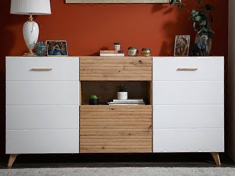 Sideboards Bretanova Slatted Artisan Oak Effect And White Gloss Sideboard - 3426