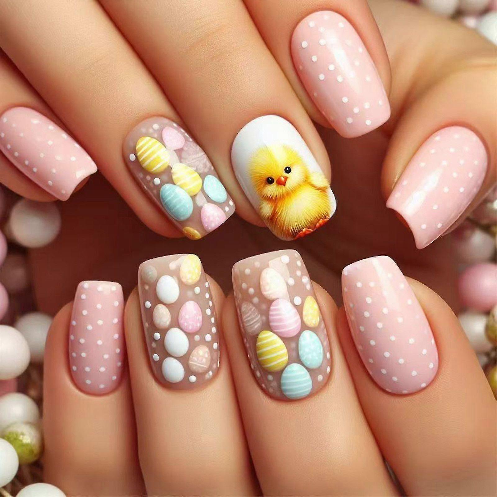 Easter Cute Chick Eggs Polka Dots False Nails 24 Pcs