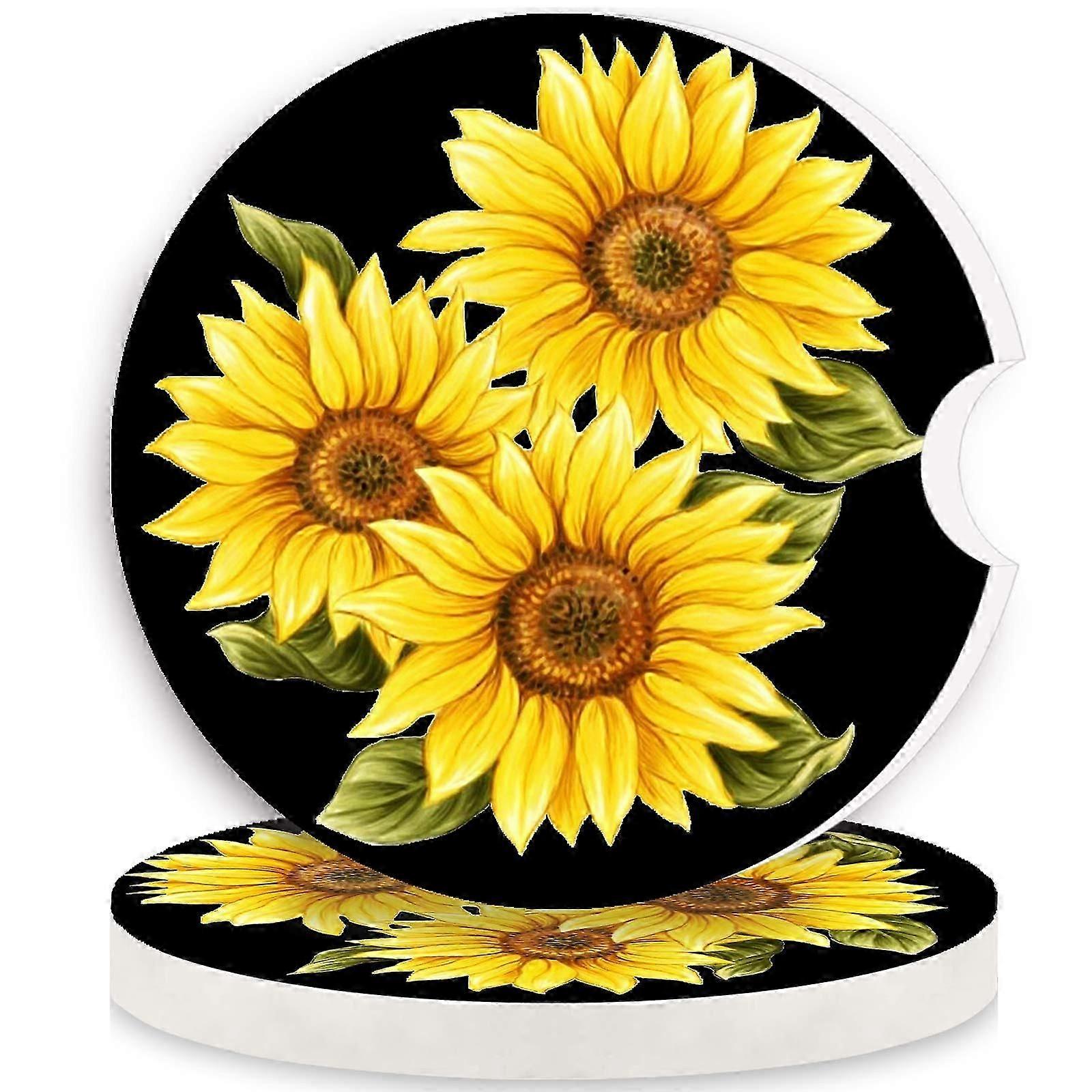 2 - pack cute sunflower - designed absorbent ceramic car coasters, easy to clean