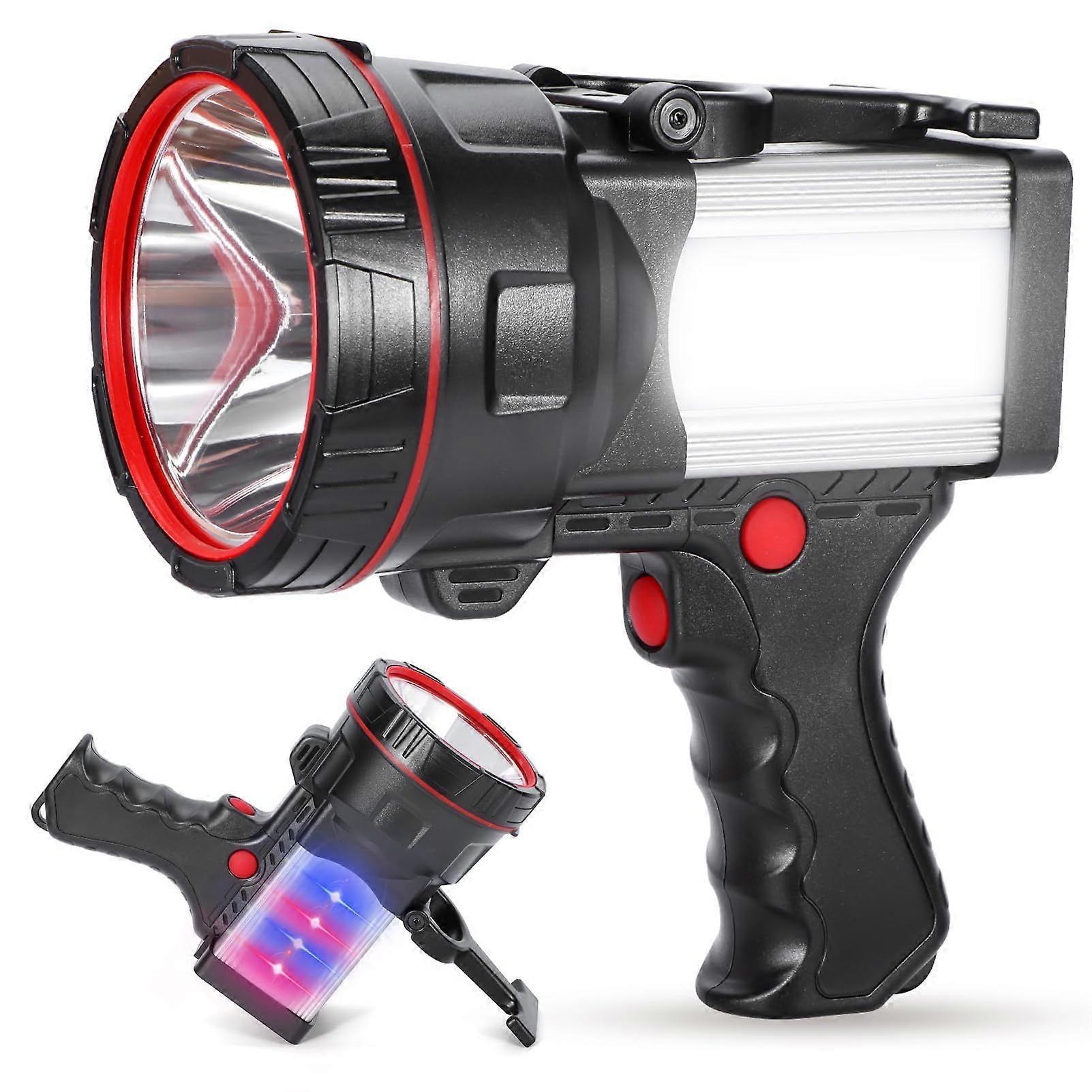 Super Bright Handheld Spotlight Rechargeable LED Flashlight Long Lasting Large Searchlight with USB Output Charger for Outdoor(Black)