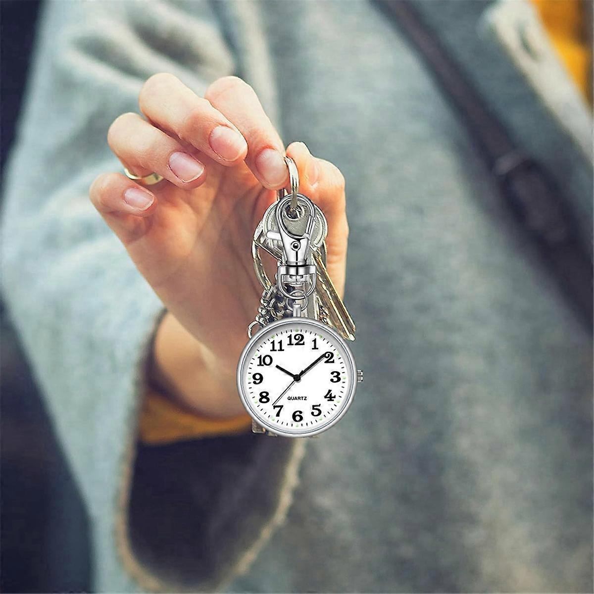 Clip on Pocket Watch with Key Buckle for Nurses Silver+White