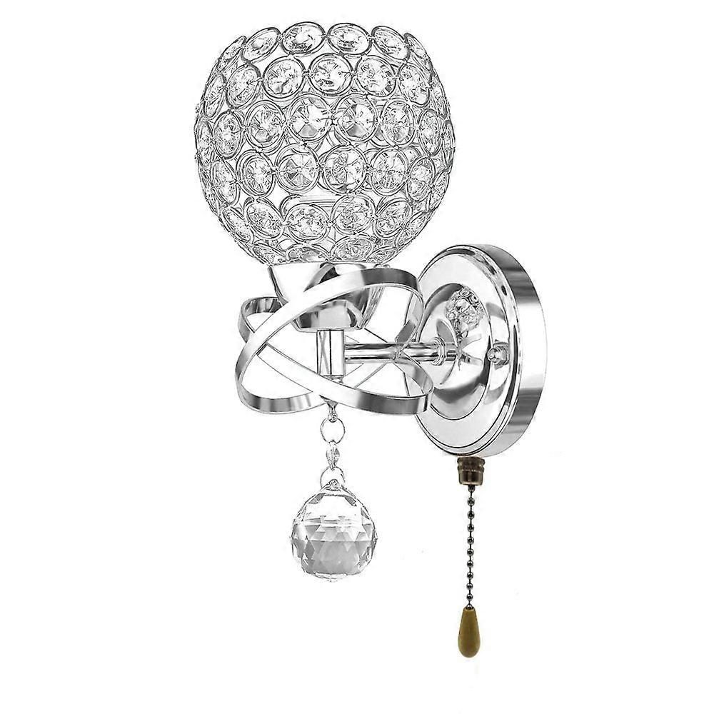 Modern Crystal Wall Light Sconce Fixture with Pull Cord Switch, Chrome Finish, E14 Socket, Bedroom Lighting, Silver