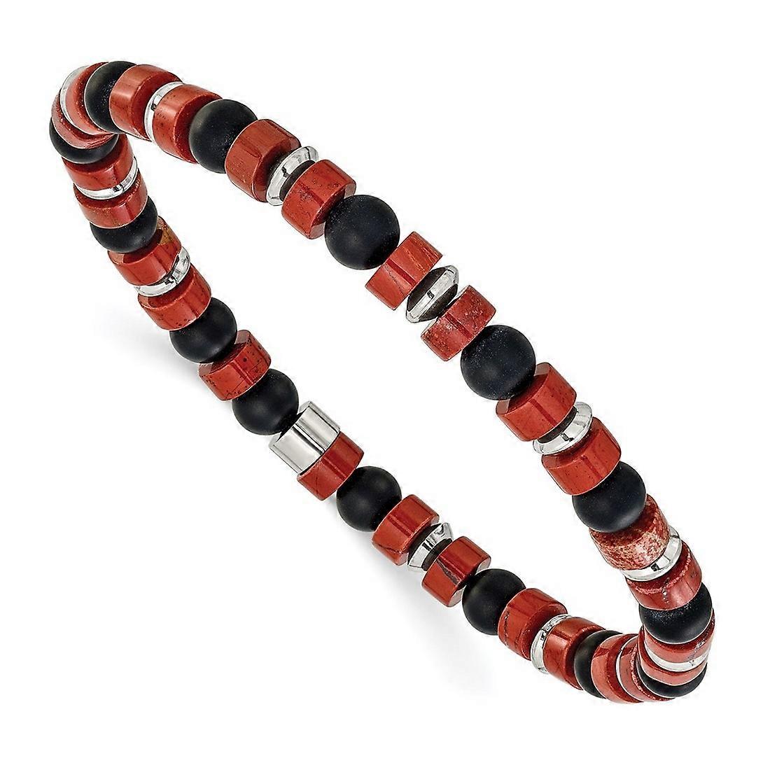 6.35mm Stainless Steel Polished Red Agate and Black Simulated Onyx 7.5 Inch Stretch Bracelet-Stretch-Bracelet for Women
