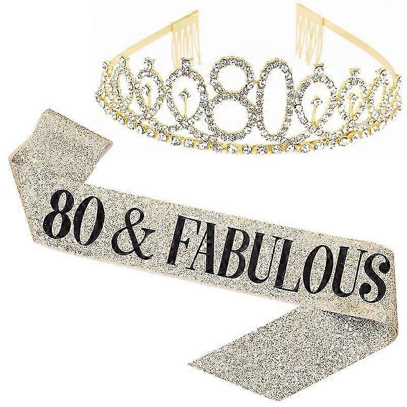 80 urodziny szarfa i tiara dla kobiet, złoty zestaw kostiumów na 80 urodziny korona Rhinestone Birthday Crown