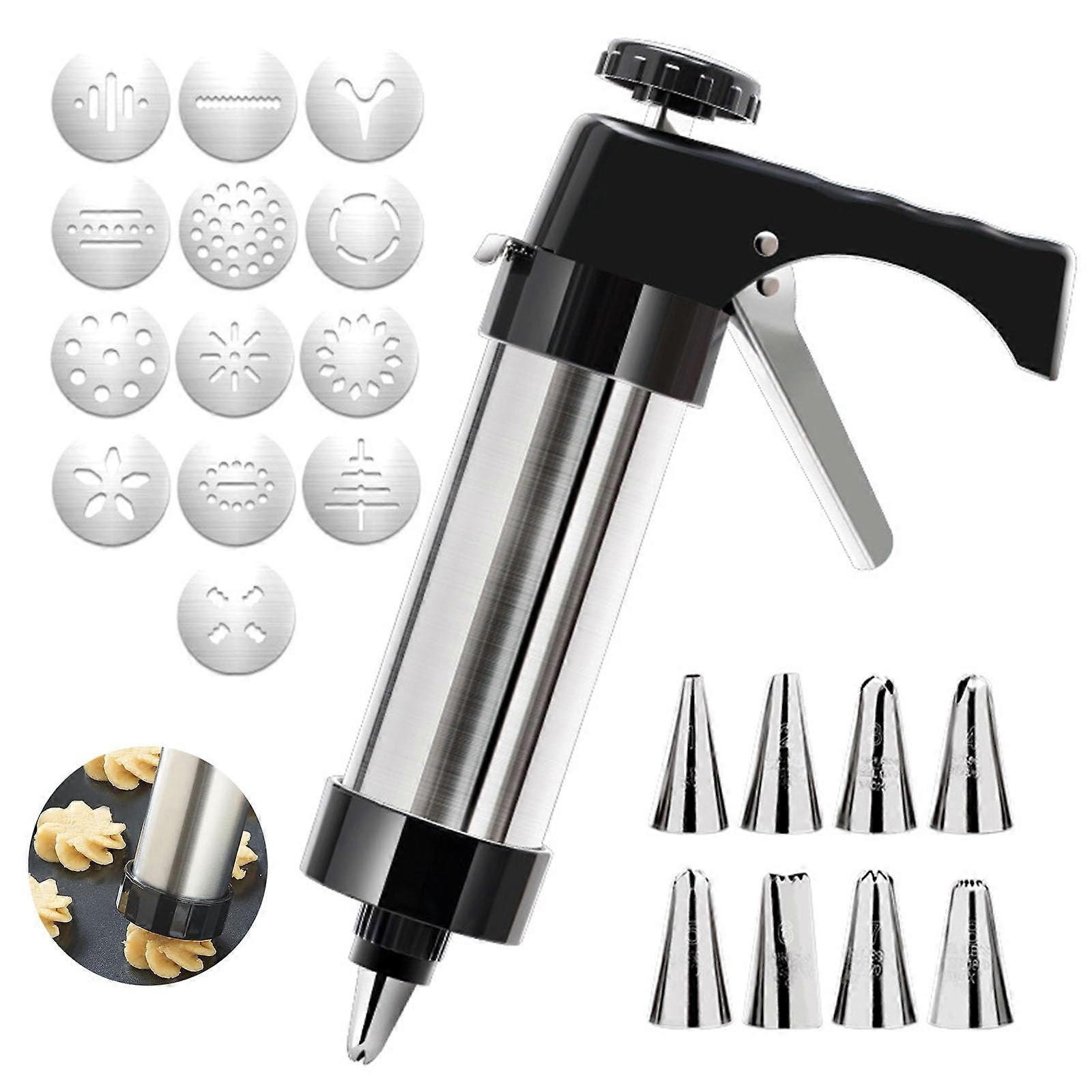 Stainless Steel Pastry Press Set with 13 Cookie and 8 Syringe Attachments for Baking and Decorating