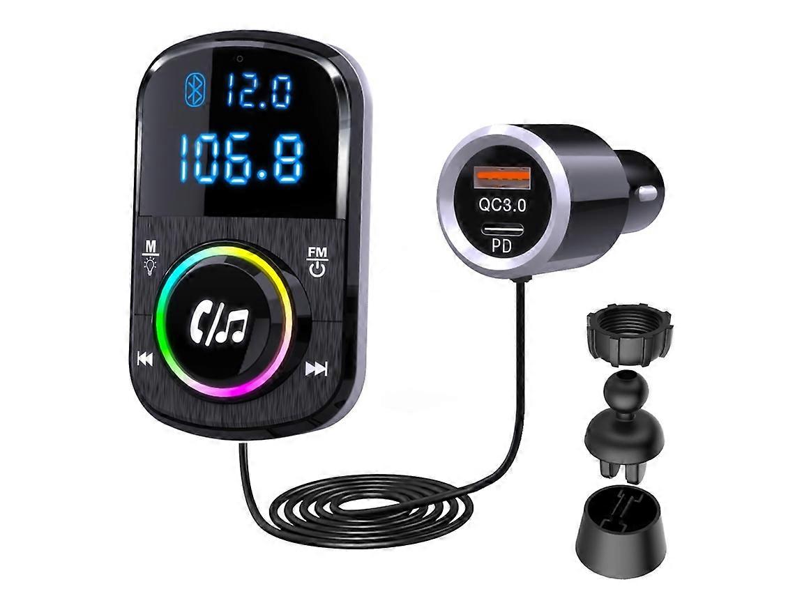 車のBluetoothトランスミッター、FMトランスミッター、ハンズフリー、QC3.0&PD急速充電、ムードライト、粘着ベース&クリップをサポート