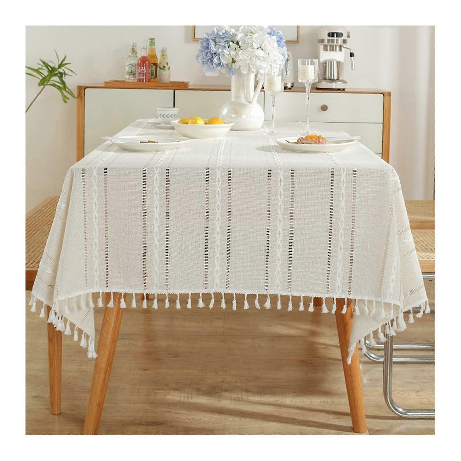 Rectangular Tablecloth 140x240 cm Polyester, Washable, Embroidered Floral Stripe, Beige White, Kitchen/Restaurant