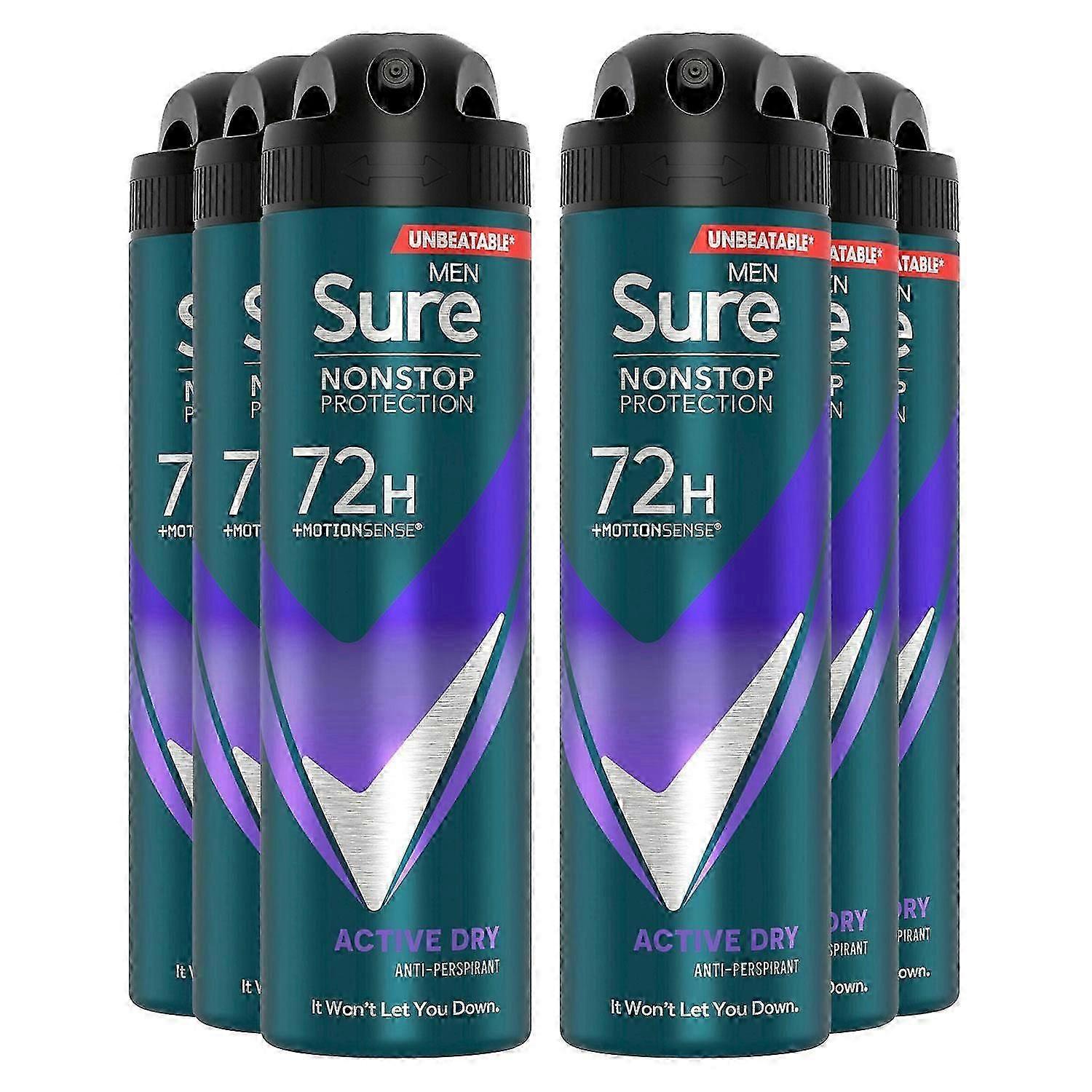 Sure Men Nonstop Protection 72H Anti-Perspirant Deodorant in Active Dry, 150ml Six-Pack