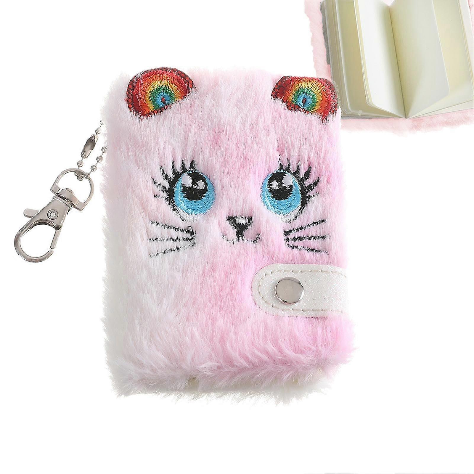 Fuzzy Diary Cute Cat Kids Diary for Girls with Keychain Gift Sequin Design Diary for Writing Drawing Lined Pages Plush Diary Secret Pink