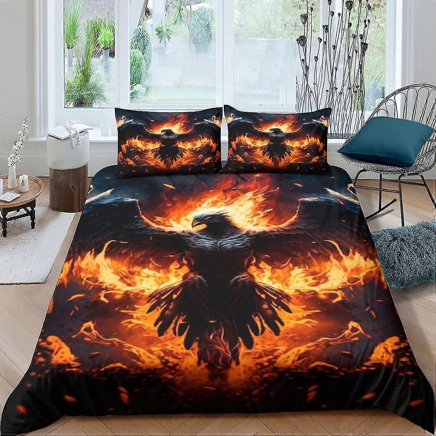 3D-tryckt Flame Phoenix påslakan med örngott Mjukt mikrofibertäcke set Dubbel
