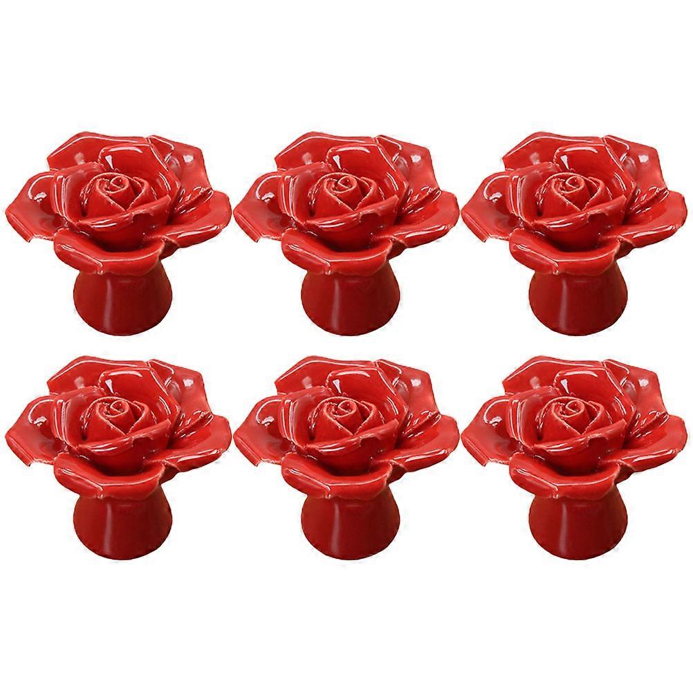 Ceramic Flower Knobs Rustic European Style Cabinet Door Pulls 4CM Red 6Pcs
