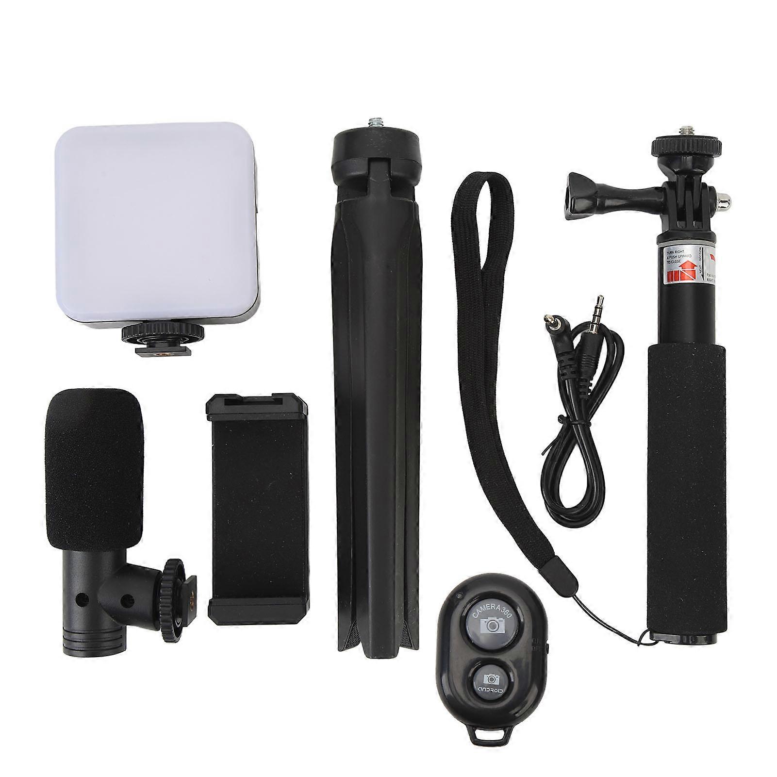 Video Vlog Kit Accessories Tripod Fill Light 3 Levels Brightness Phone Holder Noise Reduction Microphone Handle for Phone Camera Computer