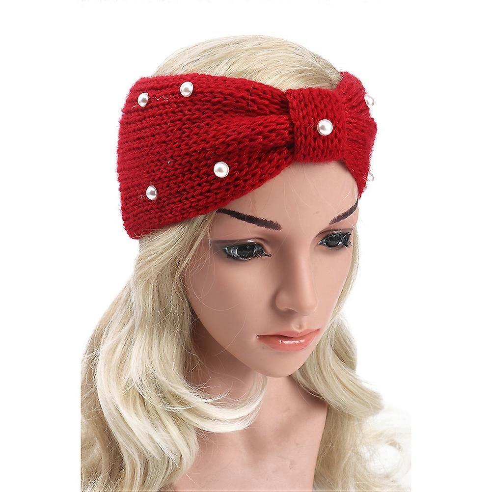 Warm Knit Headband with Pearl Decor for Winter Outdoor Use Made of Woolen in Red Color One Size Fits All