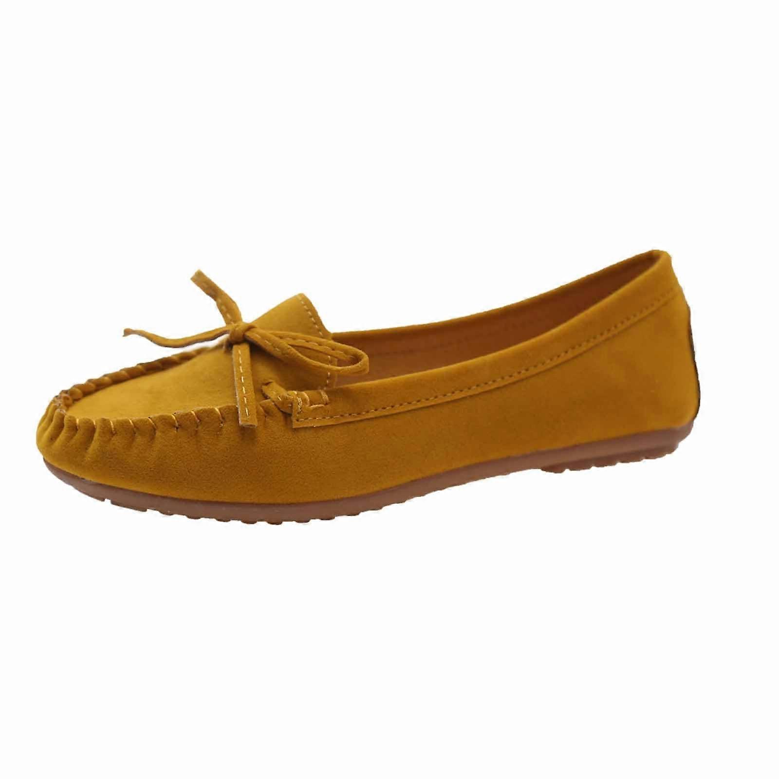 Women’s Breathable Slip On Loafers with Bow – Casual Flat Work Shoes Yellow EU 38.5 Wide
