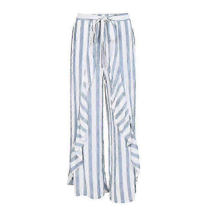 Stripe Split Wide Leg Pants Bottom Sash Ruffle High Waist Trousers ...