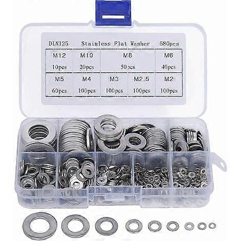 Metallscheiben (580 Stück) mit Kunststoffbox - 9 verschiedene Größen von Edelstahlscheiben M2, M2,5, M3, M4, M5, M6, M8, M10 und M12 - Sortiment von