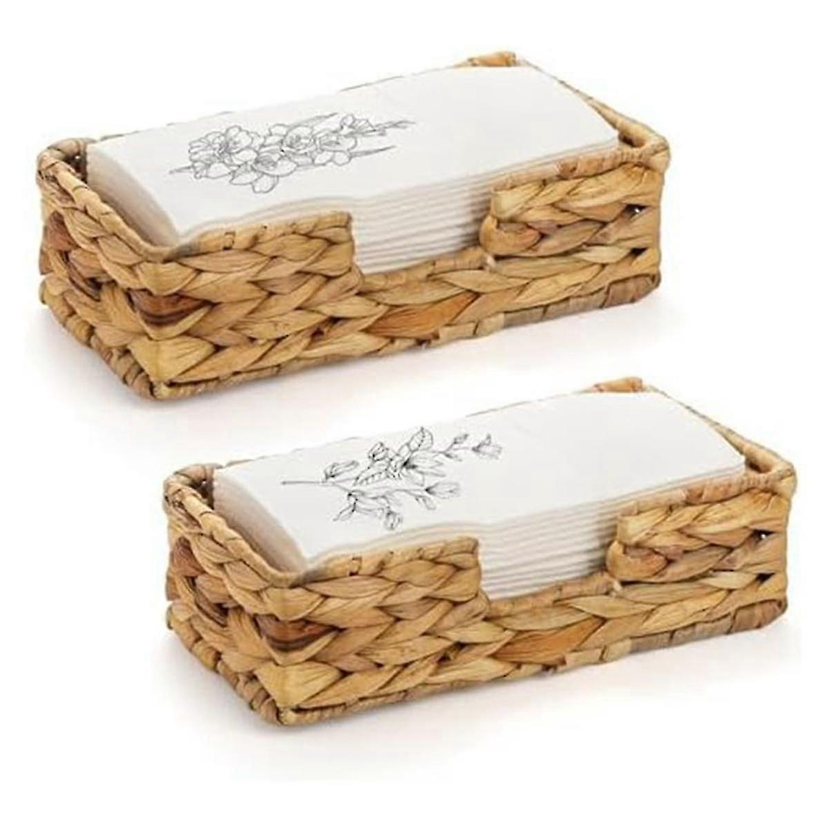 2 Pack Water Hyacinth Flat Napkin Holder, Woven Wicker Basket and RattanTray, for Table, Kitchen, R