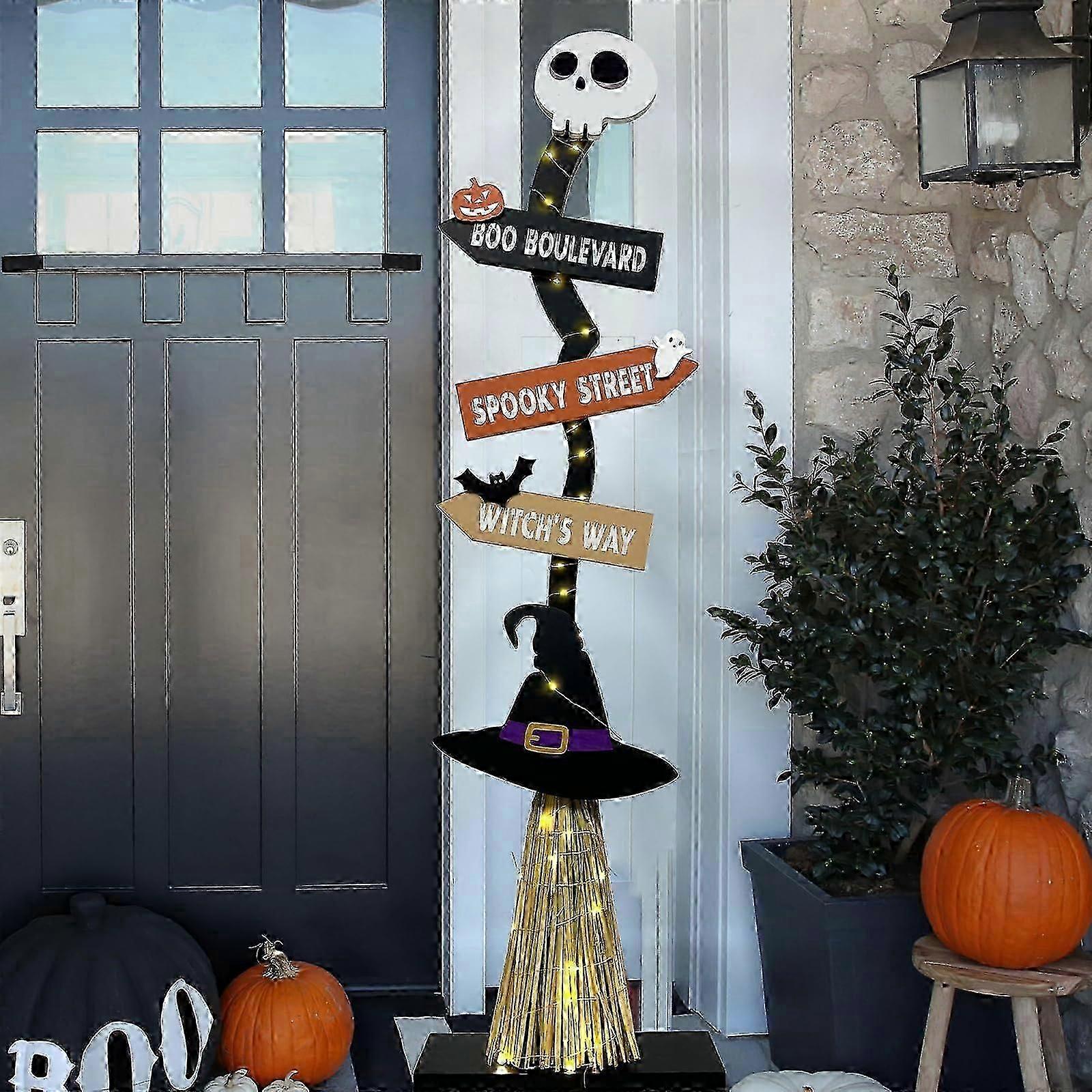 Halloween Decorations -Lighted Halloween Wooden Witchs Broom for Porch Yard Decor - Spooky Light up Halloween Witch Decorations