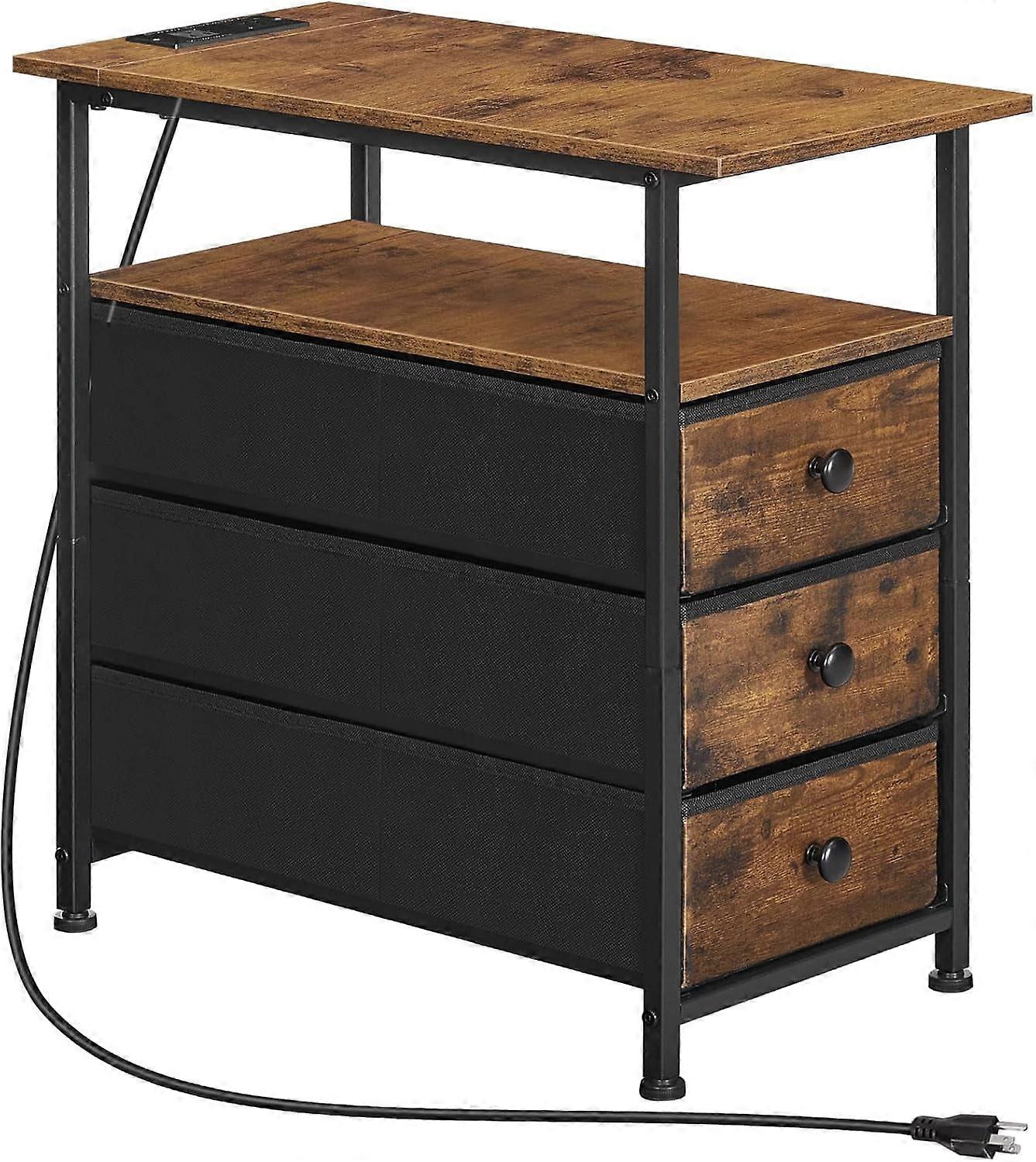 Narrow Side Table with Charging Station, 3 Drawers, Compatible with Nightstand, Rustic Brown & Black, for Small Spaces