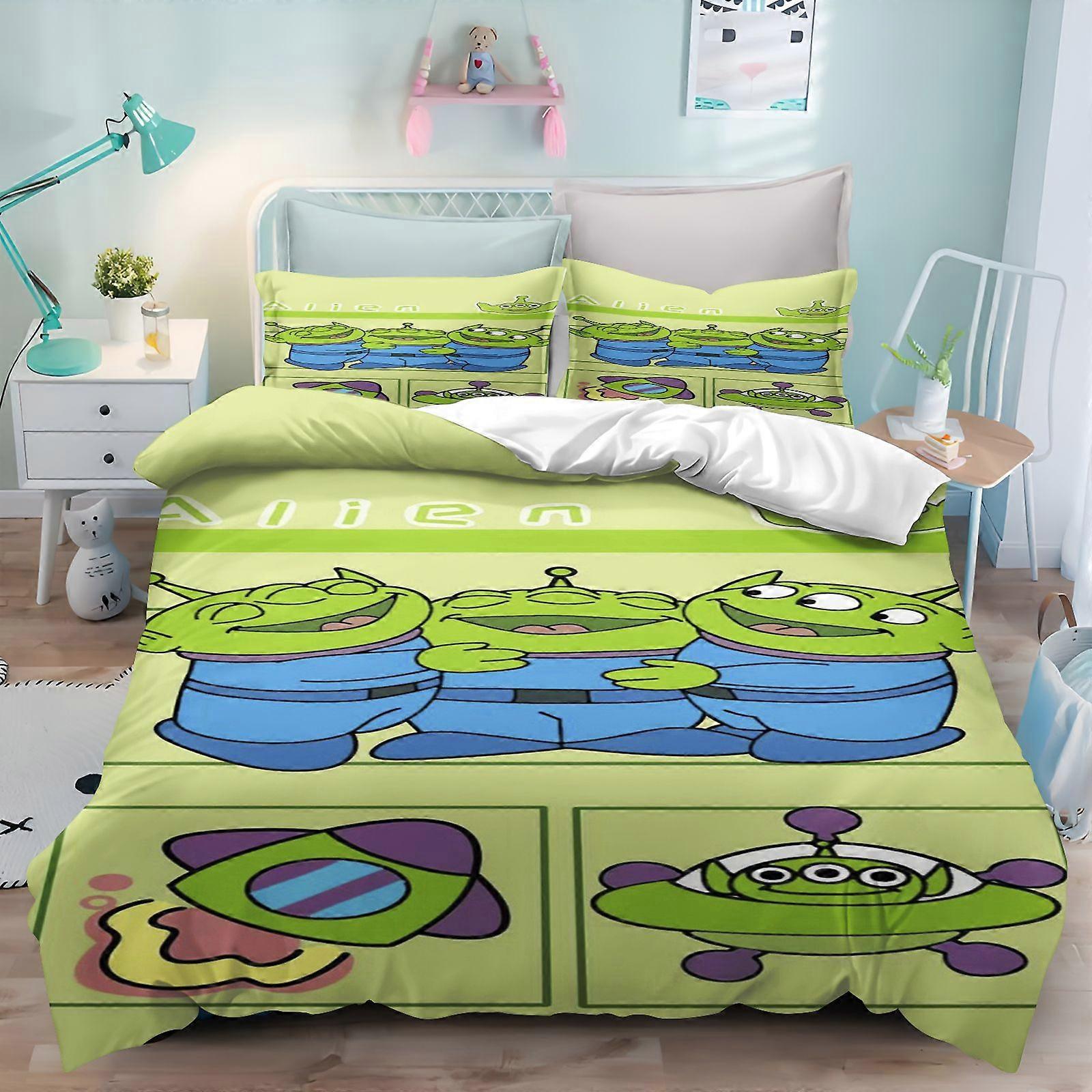 Alien Påslakanset Tecknat 3-Delat Set Treögd Pojke Barn Söt Polyester Mjuk Andningsbar Täcke Animerad Sängkläder