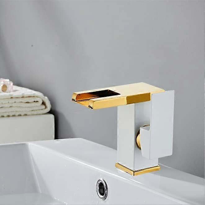 Bathroom Basin Faucet Waterfall Style, LED Solid Brass Sink Faucet, White, SingleHandle, Deck Mounted, Model SLT096WG