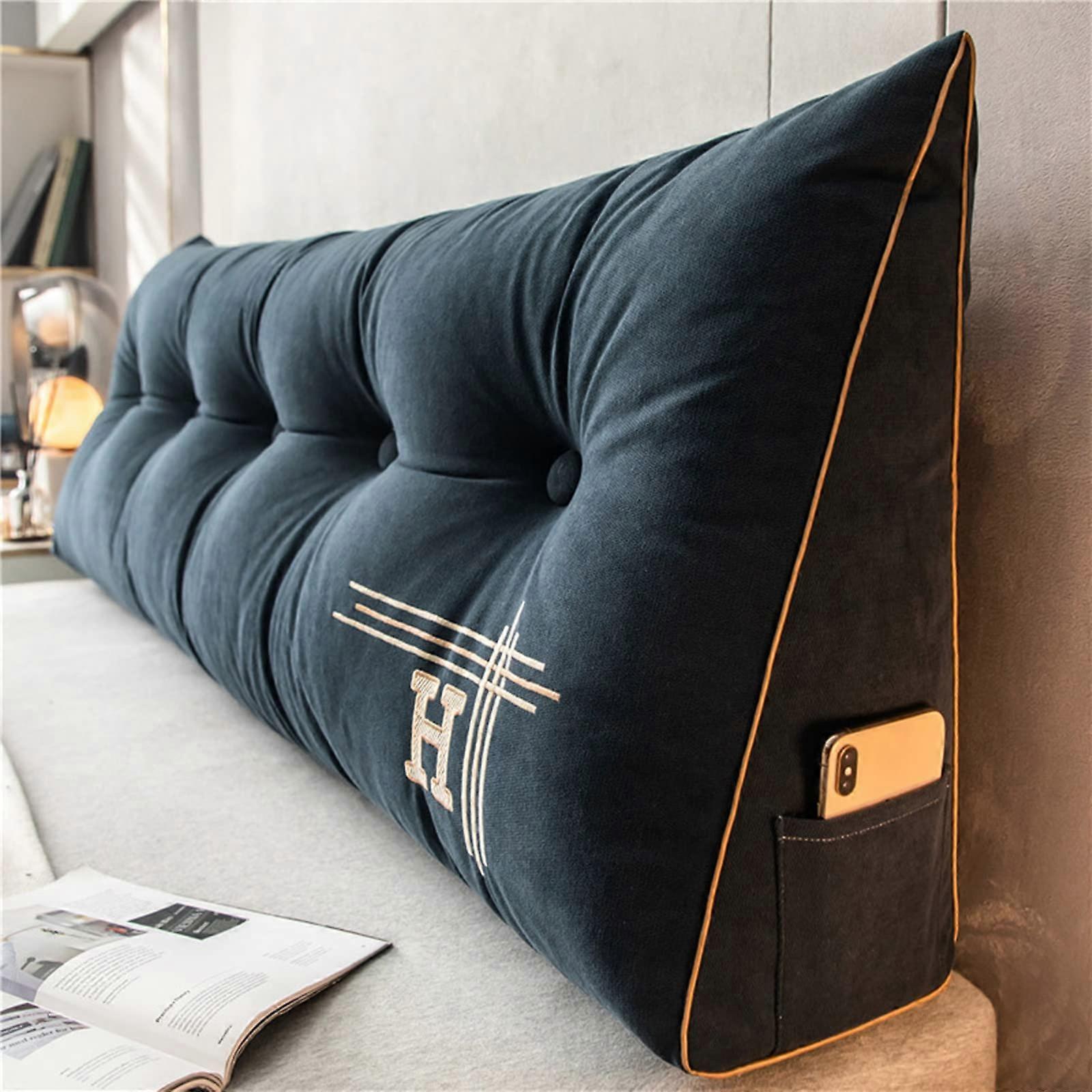 Headboard Pillow King Size Triangular Bedside Cushion Reading Pillow Wedge Backrest For Bed Sofa Dark Blue 120cm