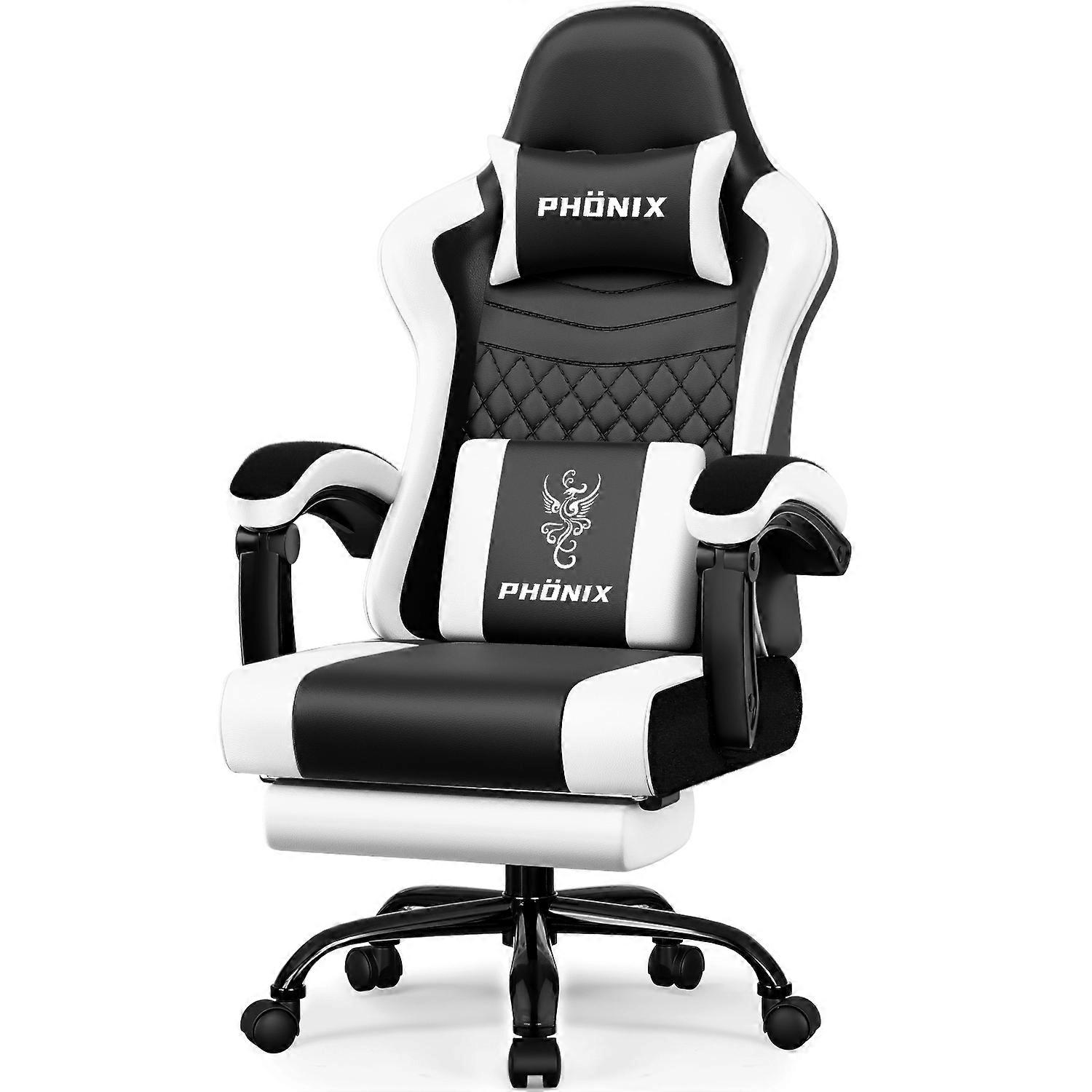 Minnouat Gaming Stuhl med Fußstütze-Ergonomischer Gaming Stuhl med Lendenkissen, Neigbar från 90° till 170°, Belastning till 150 kg-Schwarz och Weiß